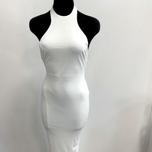 Halter neck white maxi gown w/ ruching back